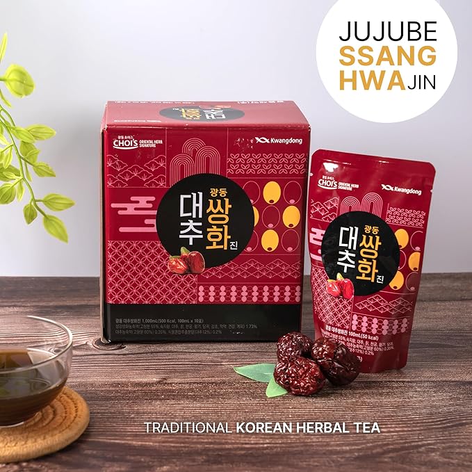 KWANGDONG Ssang Hwa Jin (Jujube) - Korean Traditional Herbal Jujube(Dates) Tea, Supports General Wellness, Energy, and Vitality, 10 Pouches