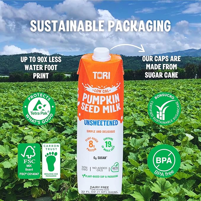 Tori Pumpkin Seed Milk, Unsweetened – Only 30 Calories, 0g Sugar | Plant-Based, No Emulsifiers, No Artificial Ingredients | Rich in Iron, Zinc & Magnesium | Keto & Whole30 Friendly | 32 fl oz (6 Pack)