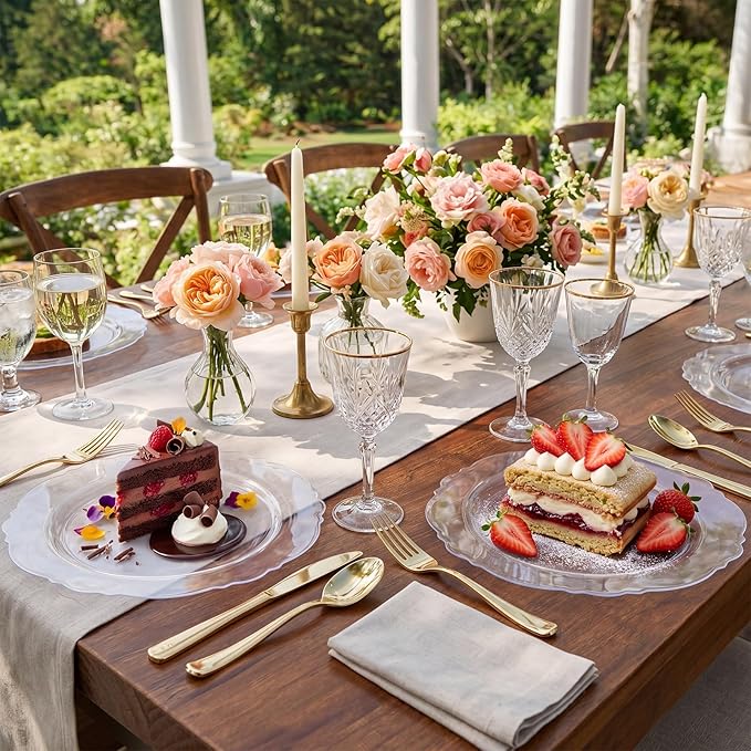 WDF 60pcs Clear Plastic Plates Disposable - 10.25inch Clear Dinner Plates Baroque Disposable Plates for Holiday Gathering, Wedding, Party