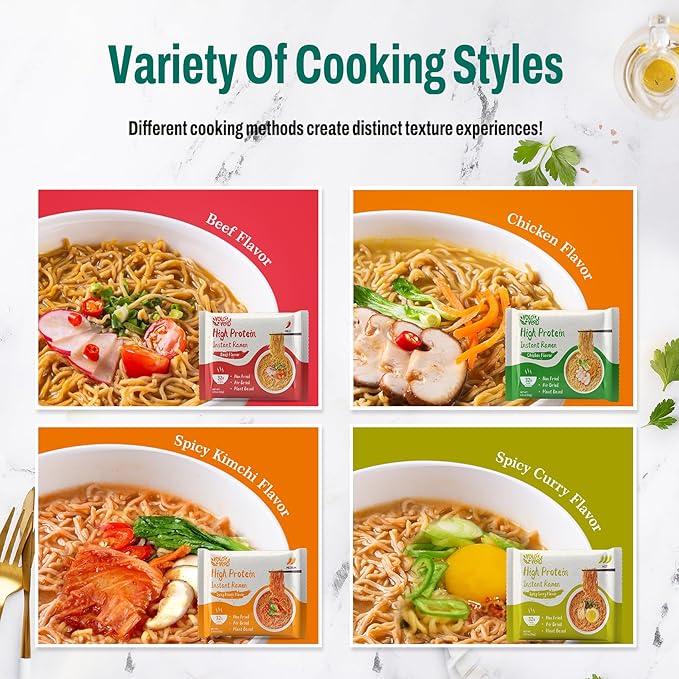 VOLO VERO Protein (32g) Ramen Variety Pack - Chicken, Spicy “Beef, Kimchi, Curry”, 8 Packs Instant High Protein Ramen Noodles Soup, Plant-Based, Non-Fried, Vegan, Low Fat, Egg & Dairy Free Healthy Meal