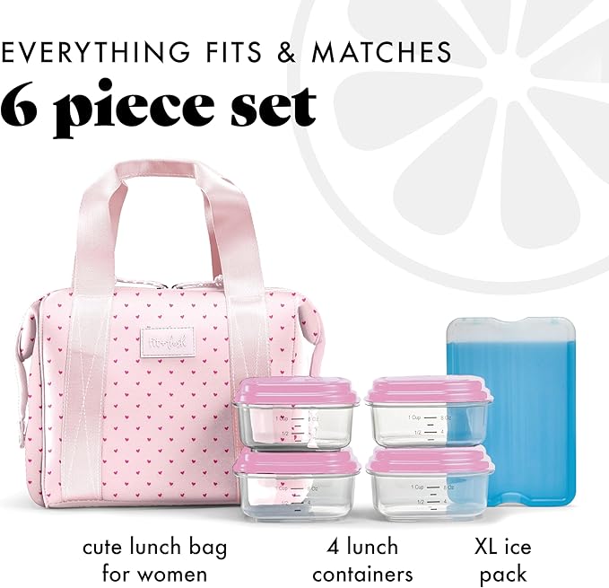 Fit & Fresh Remi Lunch Bag for Women Work – Neoprene Lunch Tote with Containers & Ice Pack, Reusable Meal Prep Lunch Box, Large Capacity, Machine Washable, Tiny Hearts