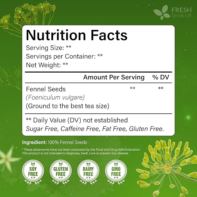 FreshDrinkUS, Premium 75 Fennel Seed Tea Bags – 100% Natural & Pure, Handmade Herbal Tea, Eco-Friendly, Fresh Aroma, Made with Natural Material Tea Bags. No Sugar, No Caffeine, No Gluten, Vegan.