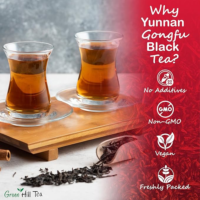 Greenhilltea Golden yunnan tea, Yunnan Gongfu Black Tea, Natural Black Tea with Excellent fullness with subtle sweetness– 3.5 Oz Bag