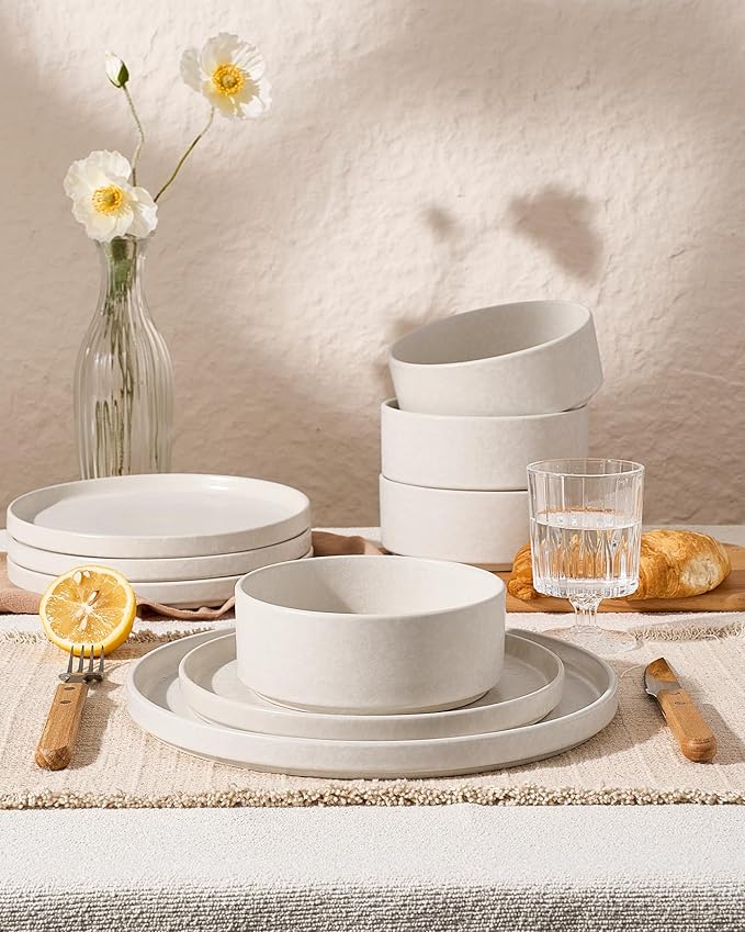 Famiware Nebula Plates and Bowls Sets, 18 Pieces Stoneware Dinnerware Sets, Reactive Glaze Dish Set, Dishes Set for 6, Matte Beige White