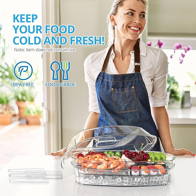 Ice Chilled Party Platter - 15'' Divided Serving Tray with Lid and 4 Compartments, Clear Fruit Trays for Serving for Party, Ideal Cold Chilled Serving Trays for Parties, Shrimp Cocktail, Etc