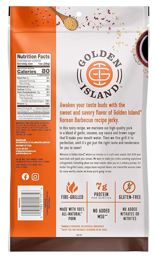 Golden Island Korean BBQ Pork Jerky - (4 Pack) 9 oz Resealable Bag - Fire-Grilled Specialty Meat Snack - Sweet & Savory Protein Snack - 7g Protein per Serving - Made with 100% All-Natural Pork
