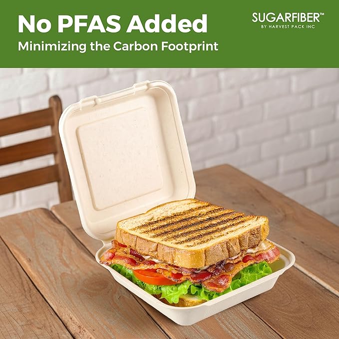 Harvest Pack [50 Pack] 8x8" Extra Thick Compostable Clamshell Take Out Food Containers - PFAS Free Heavy-Duty Disposable Sugarcane Bagasse Boxes - Eco-Friendly To-Go Containers for Food, 1-Compartment