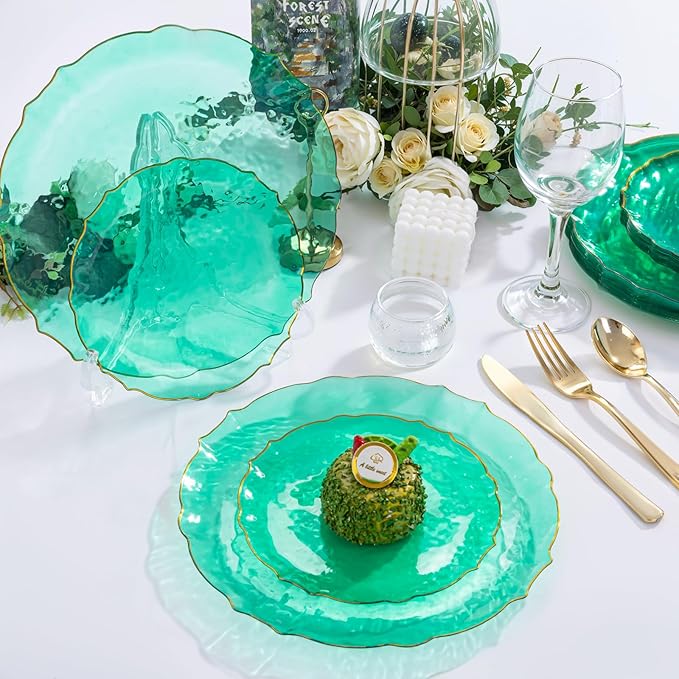 bUCLA 40PCS Clear Green Plastic Plates - Green and Gold Disposable Hammered Plates Fancy Lace-Edge, Crystal Design for 20 Guests Include 20 Each(Dinner&Dessert), Ideal for Party & Christmas