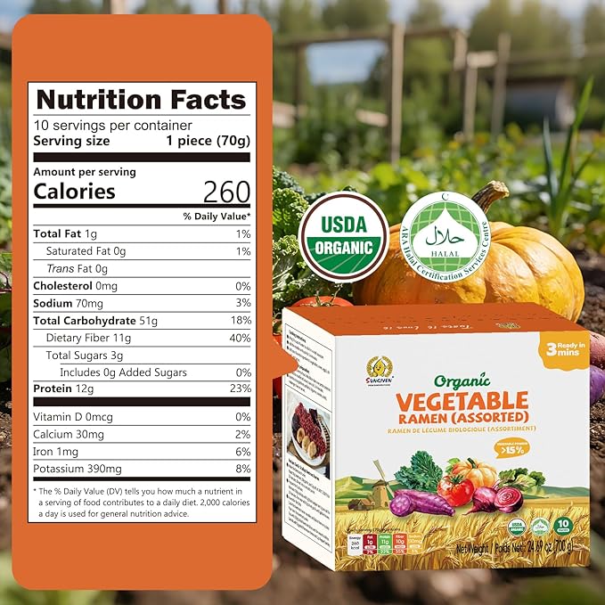 SUNGIVEN Organic Ramen Noodles Mixed Vegetable Healthy Low Sodium Ready in 3 Minutes Non-Fried Instant No Additives or Preservatives 2.47 OZ (Pack of 10)
