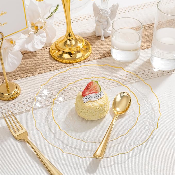 bUCLA 40PCS Clear and Gold Plastic Plates - Fancy Lace-Edge Clear Plates with Gold Trim Hammered Disposable - Include 20 Each(Dinner&Dessert) for Party & Wedding