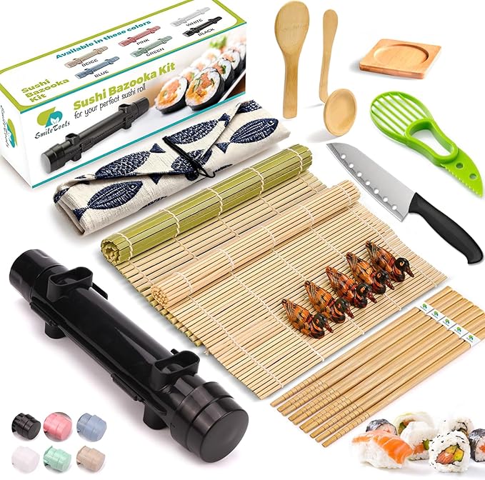 SmileTools Sushi Making Kit, 22pcs Roller Maker for Beginners With Guide Book, Bazooka, Knife, Mat, Avocado Slicer, Chopsticks, Sauce Dishes & More - Sushi Lover's Gift