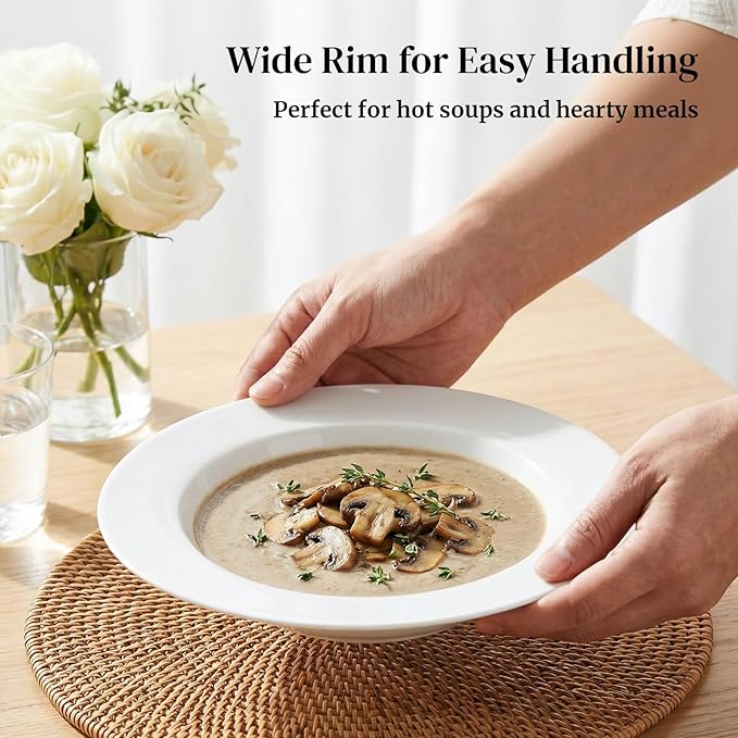 DOWAN Soup and Pasta Bowls Set of 4, White Porcelain Wide Rim Salad Plates, 8 Ounces Pasta Plate, Microwave & Dishwasher Safe