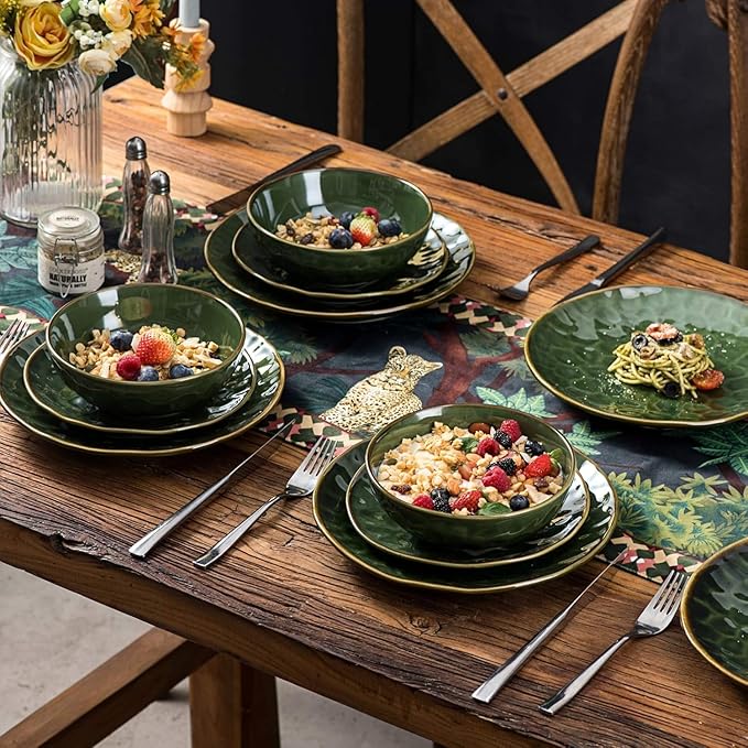 vicrays Ceramic Dessert Salad Plates, 8 Inch, Set of 4, Round, Microwave, Oven, and Dishwasher Safe, Scratch Resistant, Porcelain Fluted Suitable for Snacks, Appetizer, Home, Restaurant (Green)
