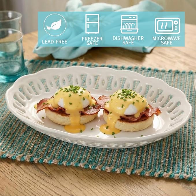 4 Pack Small Lace Serving Plates, 8" x 6" Oval Ceramic Dinner Plates for Dessert Appetizer Salad Bread Fruit Snack, Cute Side Dishes Set of 4 to Home Kitchen Party & Gift, Microwave & Dishwasher Safe