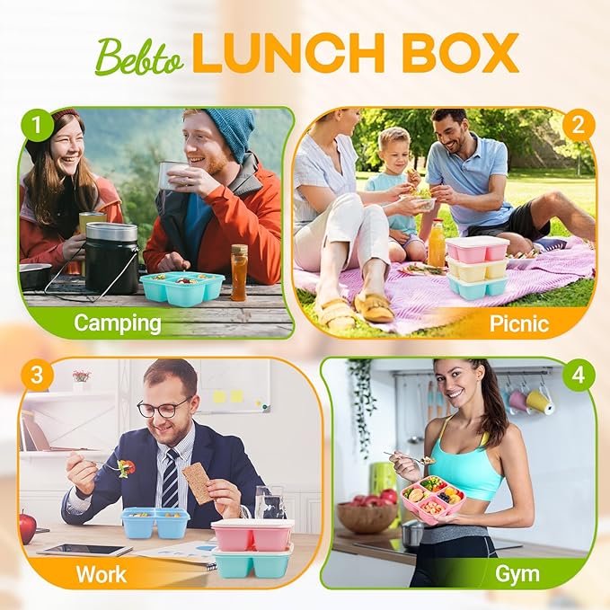 Bento Box Adult Lunch Box- 4 Pack,4 Compartment Snack Containers Reusable Meal Prep Stackable BPA-Free Lunch Containers for Home, Work, Travel (4 Color)