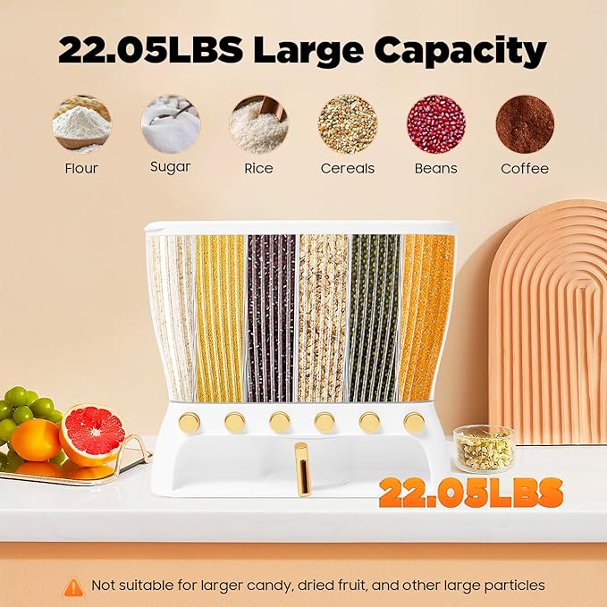 6 Grids Dry Food Dispenser Grain Rice Storage Dispenser with Measuring Cup, 22lbs Sealed Storage Tank for Home Kitchen, Detachable Partition