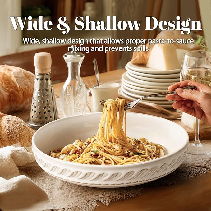 Artena Pasta Bowls, 50oz Large Salad Serving Bowls, 9.75'' Plates Bowls Set of 4, Big White Ceramic Soup Bowls for Kitchen, Embossment Shallow Dinner Bowl, Microwave Dishwasher Safe, Willow Leaf