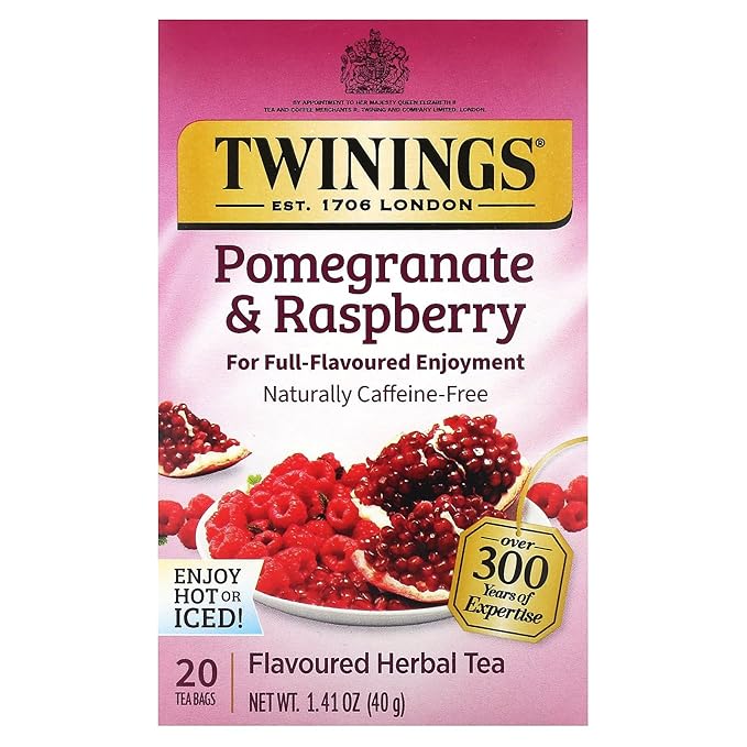 Twinings Pomegranate & Raspberry Herbal Tea Individually Wrapped Bags, 20 Count (Pack of 1), Naturally Caffeine-Free, Enjoy Hot or Iced, 20 Teabags