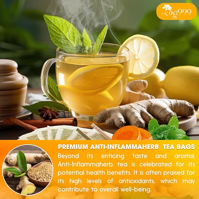 20 Tea Bags - Anti-Inflammaheb Loose Leaf Tea, 100% Natural from Ginger, Turmeric, Peppermint, Black Pepper, Cinnamon. No Sugar, No Caffeine, No Gluten, Vegan.
