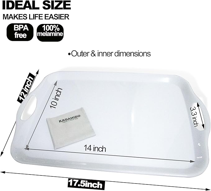 KAQAHIDO Large Melamine Serving Trays for Eating, 17.5’’ x 12’’ Serve Platter for Appetizer, Charcuterie, Food, Snack, Cupcakes, Dessert, BPA-Free, Dishwasher Safe Tray, Set of 2, White