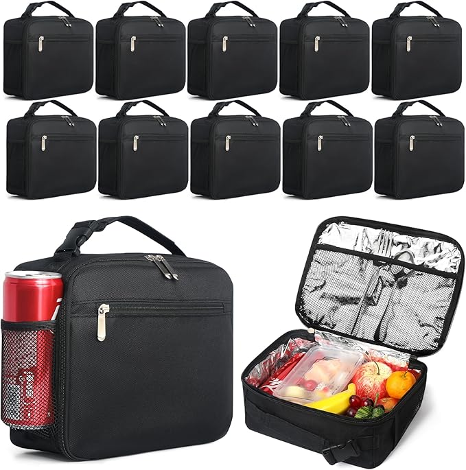 12 Pack lunch box Bulk,Insulated Reusable Lunch Bags with Aluminum for Women Men Girls Kids,Leakproof lunch boxes,Small Lunch Tote Bag for Office,Work,Beach or Travel,Black