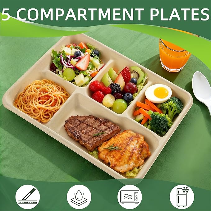 WELLIFE 100% Compostable 5 Compartment Paper Plates, 100 Pack Disposable School Lunch Trays Divided Plates for Adult Youth, 12.5 * 8.6 inch Heavy Duty Eco-Friendly Bagasse Plate for Buffet and Party