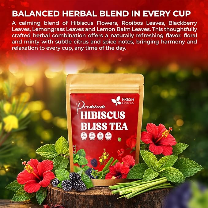 FreshDrinkUS, Hibiscus Bliss Tea | 75 Tea Bags | Herbal Tea Blend with Hibiscus Flower, Rooibos, Blackberry Leaves, Lemongrass & Lemon Balm – Naturally Caffeine-Free, Vibrant & Refreshing Tea. Vegan