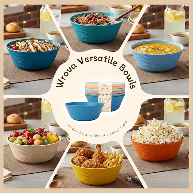 Wrova Wheat Straw Bowls Set 36oz,Cereal Bowls Soup Bowls Set of 6, Unbreakable Salad Bowl Alternative Plastic Bowls Microwave Safe, Soup Serving Bowls for Kitchen, Camping, Outdoor- Vibrant