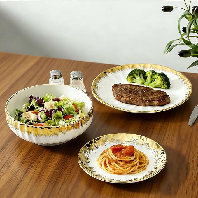 LETAOTAO Ceramic Plates For Kitchen, Ceramic Dessert Salad Plates Set of 4 for Appetizer, Small Dinner Plates with Gold Rim, Porcelain Dish for Pasta, Pancakes, Steak(8in)