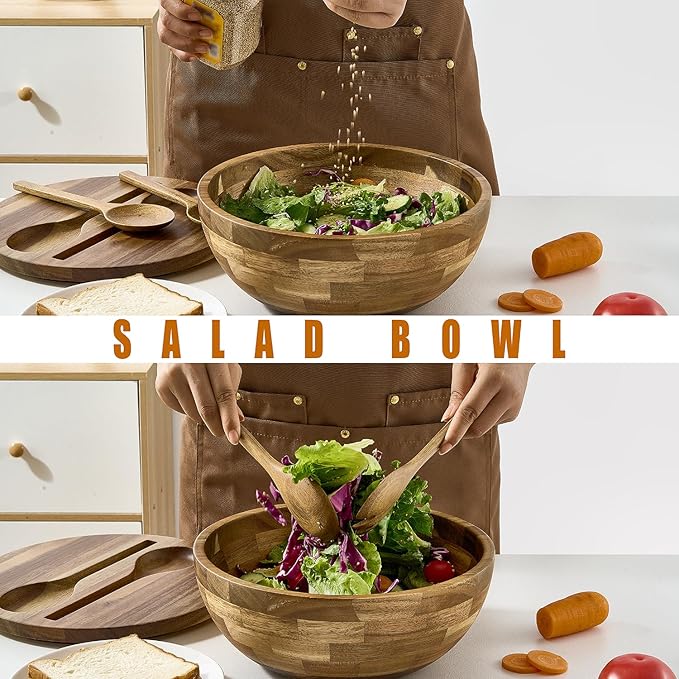Wooden Salad Bowl, Salad Bowls, 11.8" Large Salad Bowl with Serving Utensils, Big Wood Serving Bowls for Food, Fruits, Salad, Cereal, Corn flake, Pasta
