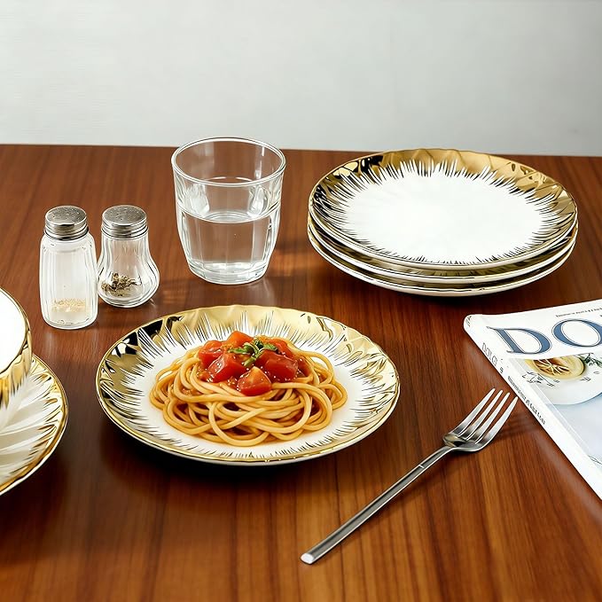 LETAOTAO Ceramic Plates For Kitchen, Ceramic Dessert Salad Plates Set of 4 for Appetizer, Small Dinner Plates with Gold Rim, Porcelain Dish for Pasta, Pancakes, Steak(8in)