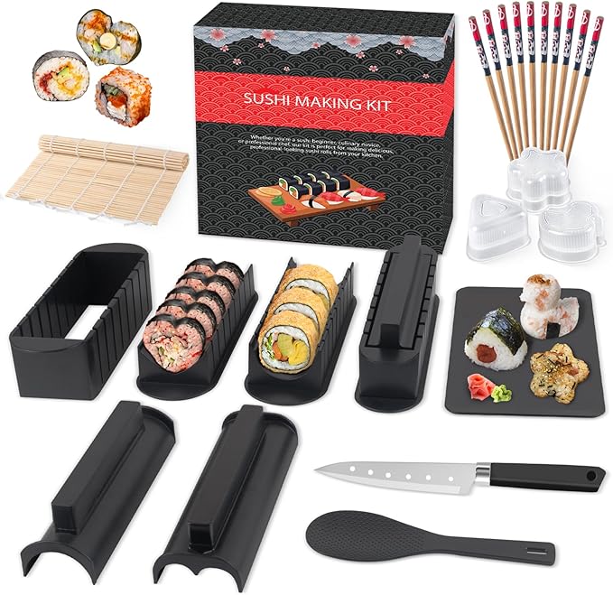 HI NINGER Sushi Maker Set, 24-piece sushi maker kit for beginners to make their own sushi. Can be used as a sushi plate with rice roll molds, knife, sushi plate,sushi rolling mat (Black)