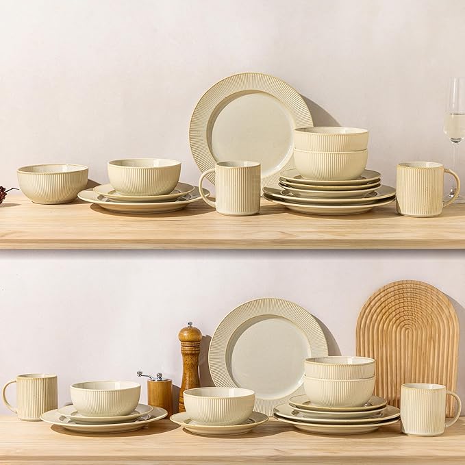 TheTerra Stoneware Dinnerware Sets for 6, 18 Pieces Ceramic Plates and Bowls Sets, Scratch Resistant Embossed Dish Set, Oven, Microwave & Dishwasher Safe, Cappuccino