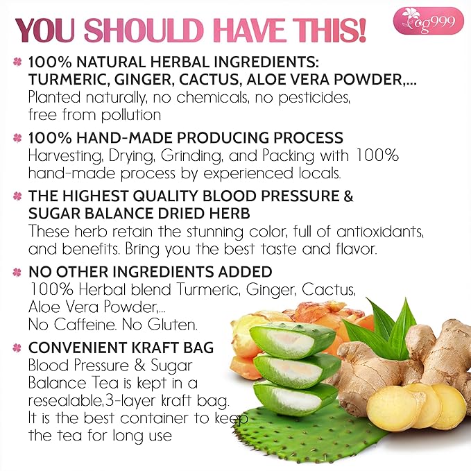 TOG999, Premium Blood and Sugar Balance Tea | 300gr - 10.5oz | 100% Natural Turmeric, Ginger, Cactus Nopal, Aloe Vera, Bay Leaf, Cinnamon & Hibiscus - Loose Powder Herbal Blend – Caffeine-Free Tea