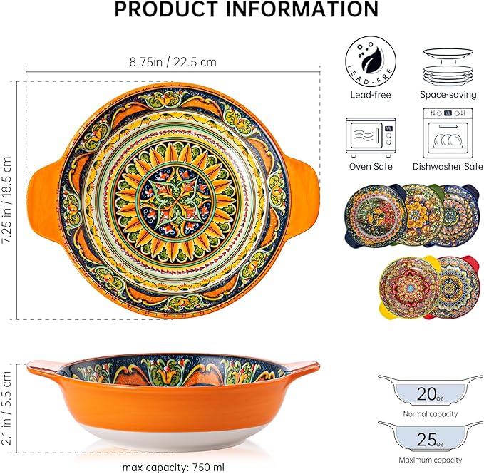 Henten Home Ceramic Cereal Bowls Set，25 oz Soup Bowls Set of 6, Colorful Serving Bowl with Handle for Kitchen, Microwave & Dishwasher Safe for Soup, Fruit, Pasta, Bohemian Style