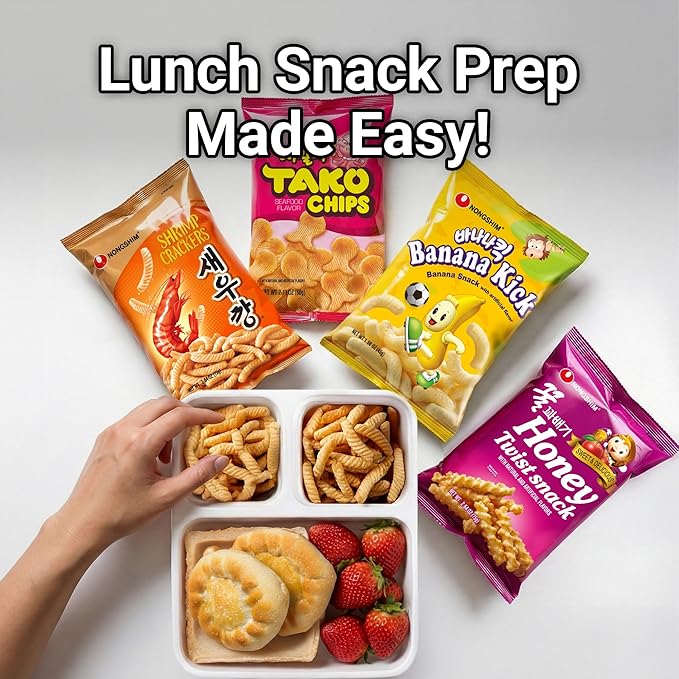 Nongshim Korean Variety Snack Pack, Original Shrimp Crackers, Honey Twist Snack, Banana Kick, Tako Chips, Variety Pack, Snacks for Kids, Sport Event Essential, Korean Snacks (Pack of 4)