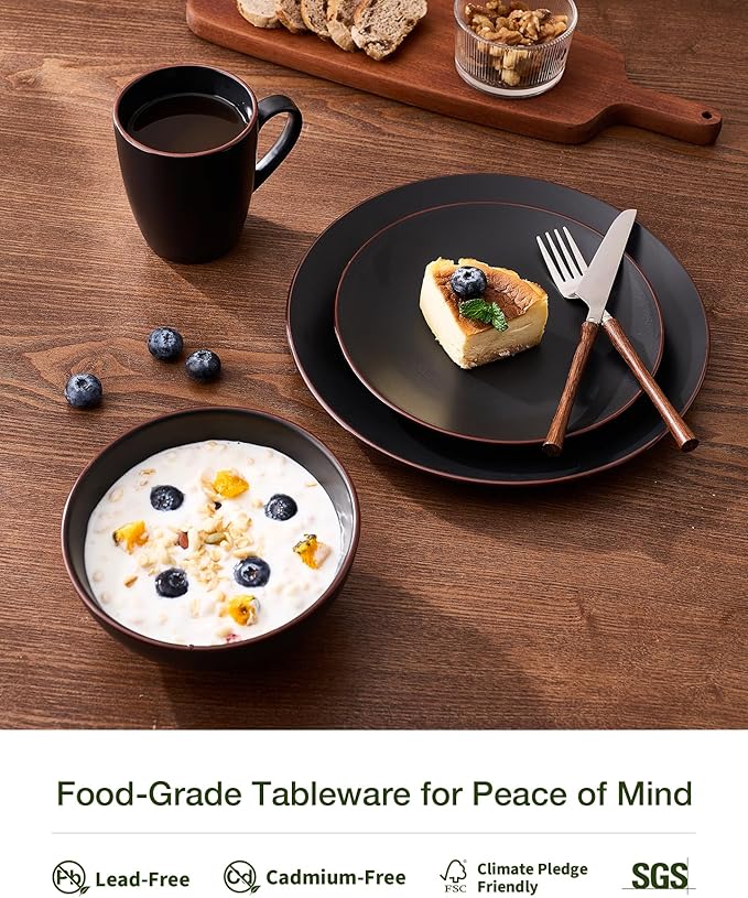 Famiware Venus 24-Piece Stoneware Dinnerware Sets with Mugs, Plates, Bowls, Service for 6, Matte Black - Modern Ceramic Chip‑Resistant Dishes for Everyday & Formal Use, Microwave & Dishwasher Safe