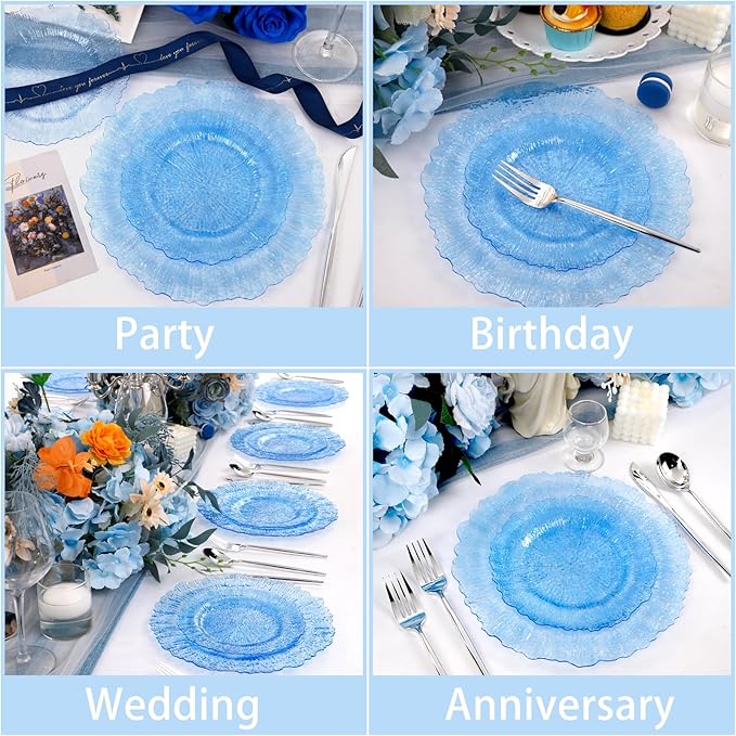 U-QE 60PCS Clear Blue Plates - Blue Plastic Fathers Day Plates Disposable&Reusable - Heavy Duty Plastic Plate for Fathers Day, Party&Wedding Including 30 Dinner Plate 10" & 30 Appetizer Plate 7"