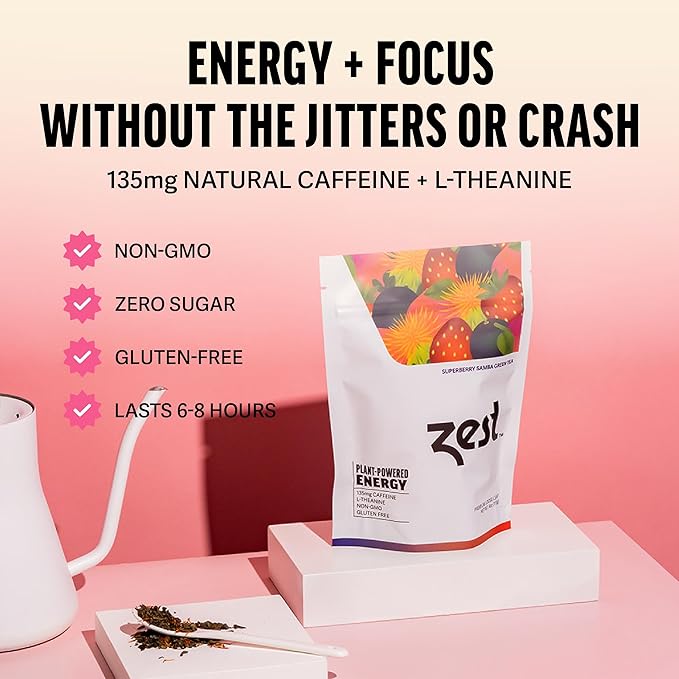 Zest Energy Green Tea - Superberry Samba Loose Leaf - High Caffeine Strawberry & Passion Fruit - Caffeinated Coffee Altnernative with Antioxidants - Natural, Non-GMO & Keto - 50 Servings - 135mg Caf