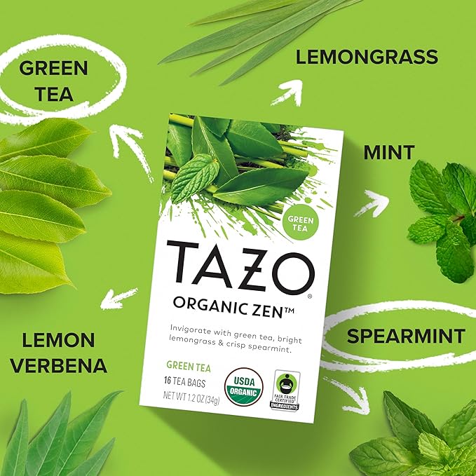 TAZO Organic Zen Green Tea Bags, Caffeine Free Tea with Refreshing Lemongrass & Spearmint, 96 Total Tea Bags (16ct - Pack of 12)