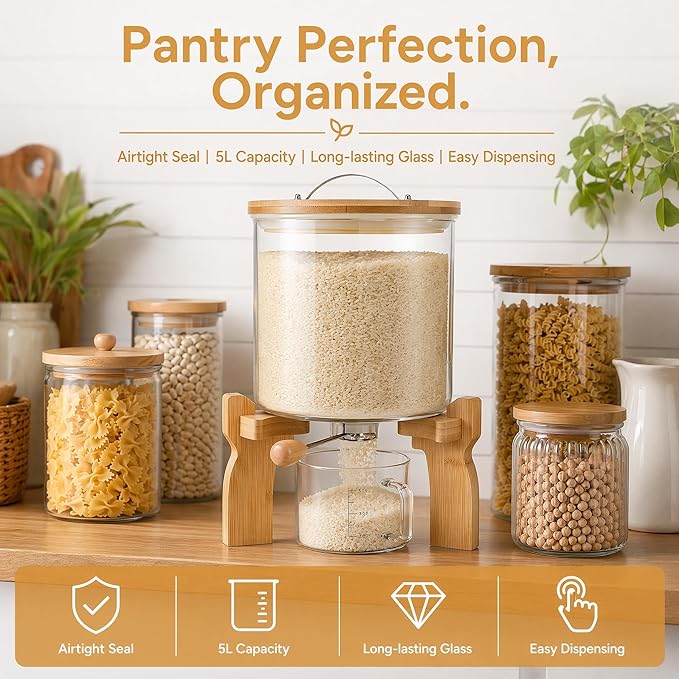 Goaste Glass Rice Dispenser with Bamboo Stand, 5L Flour Cereal Container with Airtight Lid, 8 Lbs Large Grain Food Storage Bucket, Countertop Beans Storage Tank with Measuring Cup & Valve for Dry Food