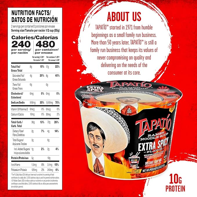 Tapatío Ramen Noodle Soup, Extra Spicy - Microwaveable Big Bowl, 3.88 oz. (110g), 6-Pack