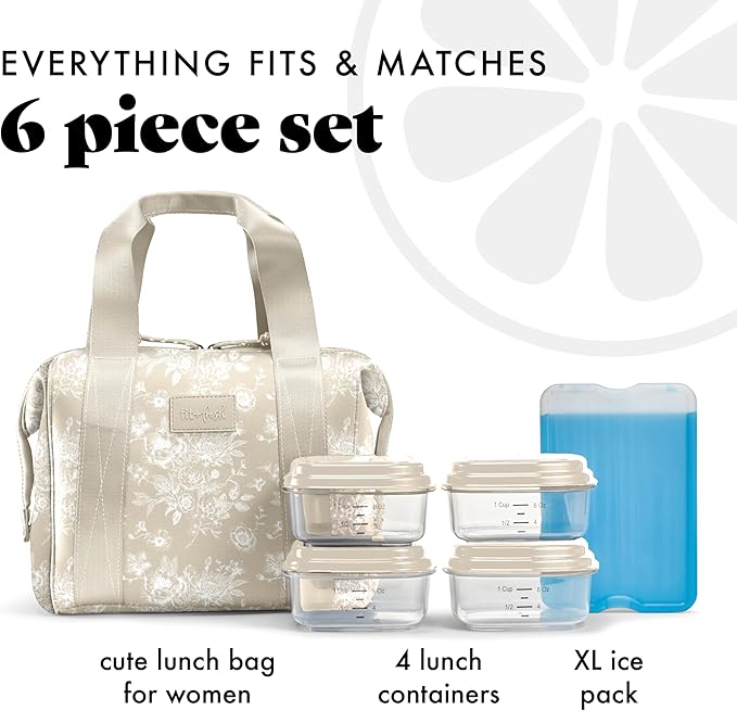 Fit & Fresh Remi Lunch Bag for Women Work – Neoprene Lunch Tote with Containers & Ice Pack, Reusable Meal Prep Lunch Box, Large Capacity, Machine Washable, Tan Toile