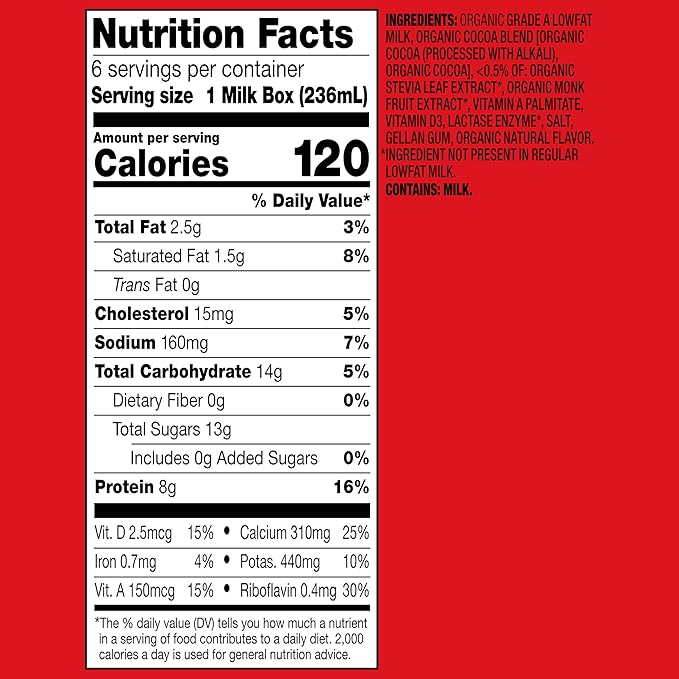 NEW Horizon Organic Shelf Stable No Added Sugar Lactose Free 1% Lowfat Chocolate Milk Boxes, Pack of 6-8g Protein per Serving