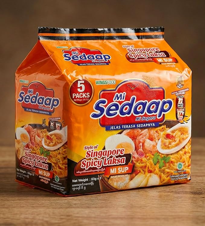 Singaporean Spicy Laksa Noodles (Pack of 5) — Creamy Coconut & Spicy Chili Instant Noodles — Mi Sedaap Halal Certified