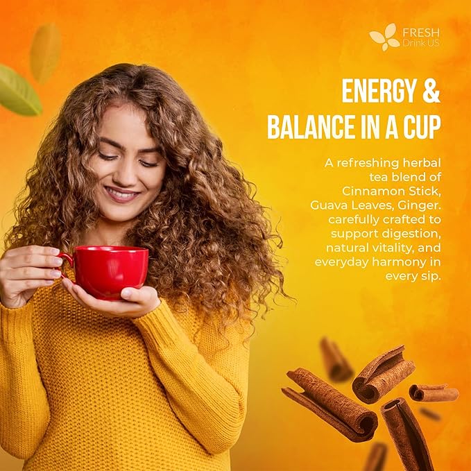 FreshDrinkUS, Premium Guava Vitality Tea | 75 Tea Bags | Guava Leaves, Cinnamon Stick & Ginger Herbal Tea – Caffeine Free Botanical Infusion – Warm & Aromatic Daily Tea – 100% Natural Ingredients