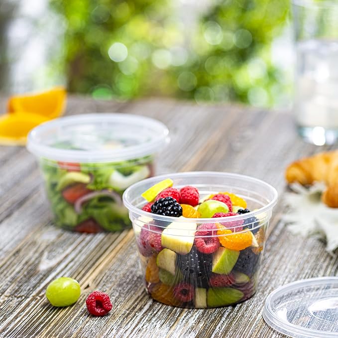 ELEGANT DISPOSABLES 16 OZ - 24 Sets Plastic Deli Food Storage Containers with Airtight Flexible Lids Microwavable, Leak Free, Washable, Freezer Safe.