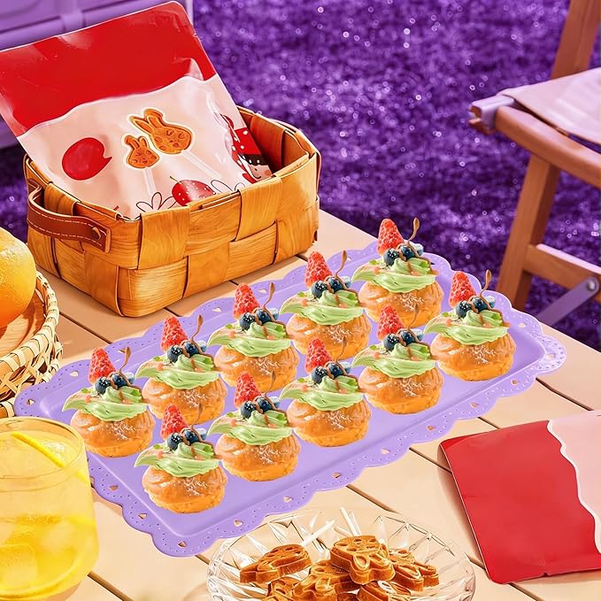 Set of 6 Plastic Serving Trays Food Tray - 14" x 9" Rectangle Serving Platter for Party Cafeteria Kitchen Restaurant , Small Flat Trays for Dessert Fruit Cookie Snack (6, Purple)