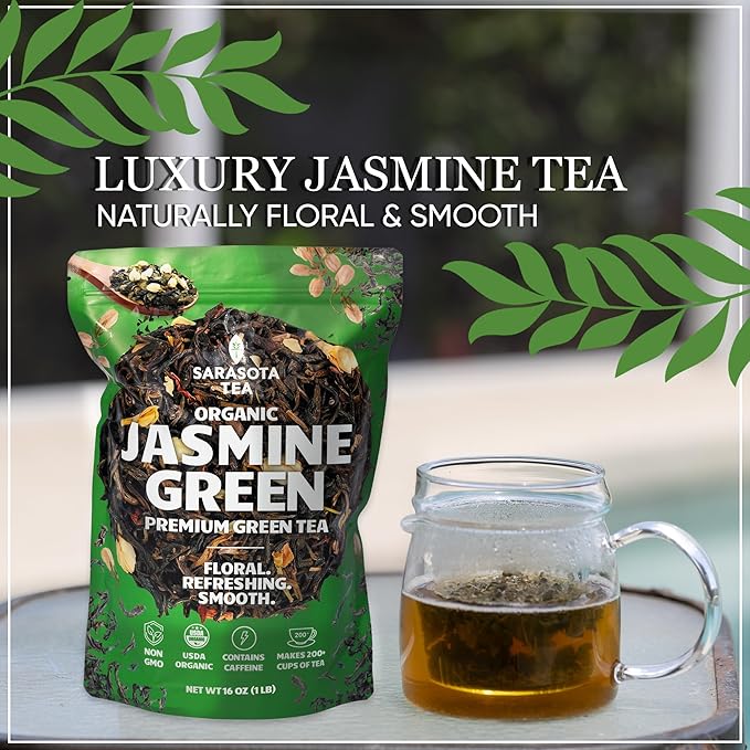 Organic Jasmine Green Loose Leaf Tea | Fragrant Chinese Green Tea Scented with Jasmine Blossoms | USDA Organic | 1lb Bulk Bag | Floral & Smooth | Hot or Iced | Non-GMO