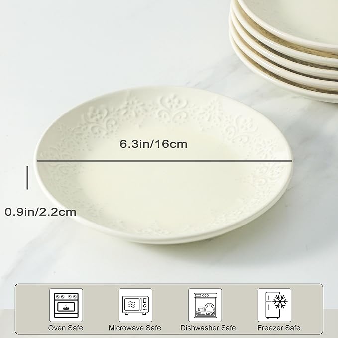 Neaylfe 6 Inch Ceramic Dessert Plates Set, Embossed Appetizer Plates for Kitchen, Lightweight Round Plates, Small Salad Plate for Cake Snacks Side Dish, Microwave Dishwasher Safe, Set of 6